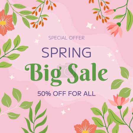 Illustration for Pink flowers and green leaves framing, square background. Text Special Offer Spring Big Sale, advertising seasonal promotion, discount. Warm, inviting atmosphere, evoking beauty, freshness of spring. - Royalty Free Image
