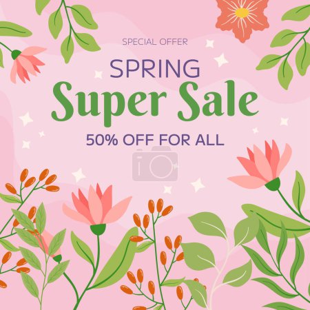 Illustration for Pink flowers, green leaves berries framing, square background. Text Special Offer Spring Super Sale, seasonal promotion, discount. Warm, inviting atmosphere, evoking beauty, freshness of spring. - Royalty Free Image