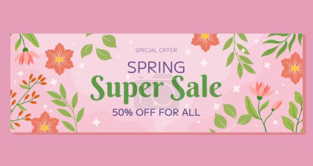 Illustration for Pink flowers, green leaves berries framing, soft background. Spring Super Sale horizontal banner, seasonal promotion, discount. Warm, inviting atmosphere, evoking beauty, freshness of spring. - Royalty Free Image