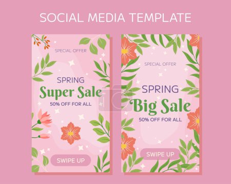 Illustration for Image features beautiful pink flowers, lush green leaves, and a soft pink background with the text Special Offer Spring Big Sale. Perfectly sized for social media stories,capture attention and promote - Royalty Free Image