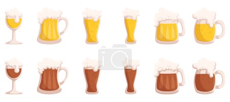 Téléchargez les illustrations : Illustration vectorielle d'une variété de tasses à bière présentant différents types de bière. Illustration dessinée à la main - en licence libre de droit