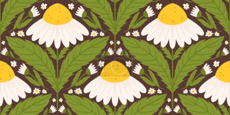 Illustration for Seamless pattern with daisy flower. Chamomile repeated design on brown background. - Royalty Free Image