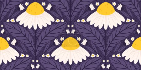 Illustration for Seamless pattern with daisy flower in midnight violet color. Chamomile repeated surface design on purple background. - Royalty Free Image