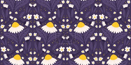 Illustration for Continuous design featuring a daisy motif in midnight purple hue. Repeated surface pattern of chamomile on a backdrop of lavender. - Royalty Free Image