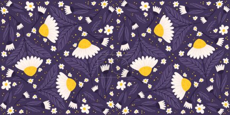 Illustration for Seamless arrangement showcasing a midnight violet-colored daisy pattern. Chamomile recurring design on a purple surface. - Royalty Free Image