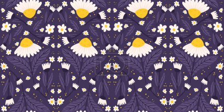 Illustration for Seamless motif displaying daisies in midnight purple tones. Repetitive surface design of chamomile against a purple background. - Royalty Free Image