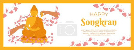 Songkran festival, traditional shower the monk sculpture, Thailand New Year. Bathing the Buddha statue. Vector horizontal banner template in flat style for celebrating.