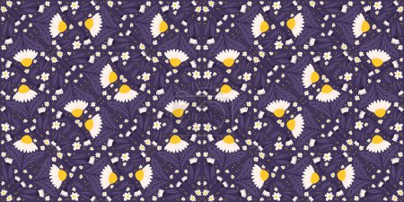 Illustration for Continuous pattern with midnight violet daisy elements. Chamomile repeats on a purple surface. - Royalty Free Image
