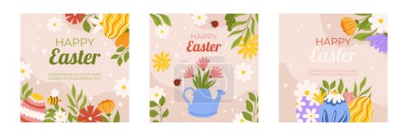 Easter collection of square social media post template. Design with flowers, water can, bee and ladybug, painted eggs. Hand drawn flat vector illustration