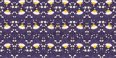Patrón ininterrumpido sin costuras destacando margaritas en violeta medianoche. Diseño recurrente de manzanilla sobre un fondo púrpura.