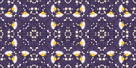 Seamless arrangement featuring midnight violet-colored daisy motifs. Chamomile repeated surface pattern on a purple base.