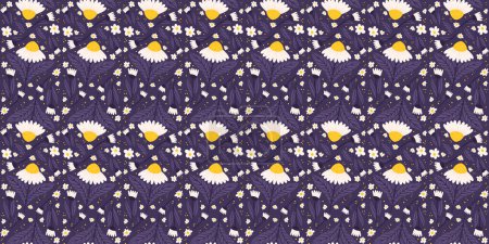 Illustration for Continuous Seamless motif with daisies in midnight purple tones. Chamomile repeats on a purple background. - Royalty Free Image