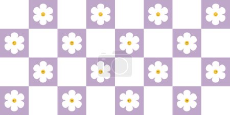 Illustration for 70s Vibes Groovy Checkerboard Seamless Pattern Large Square with Cute Flower In Lilac Mesh. Grid Background, Psychedelic Retro Style. - Royalty Free Image