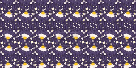 Composición perfecta que muestra elementos de margarita violeta medianoche. Diseño de la superficie recurrente de manzanilla en una superficie púrpura.