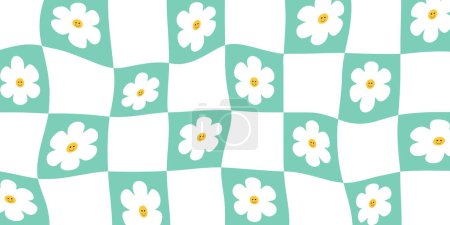 Illustration for Groovy Wavy Checkerboard Pattern Large Square with Cute Flower In Green Mesh. Grid Background, Psychedelic Retro Style - Royalty Free Image