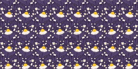 Patrón ininterrumpido sin costuras con flores de margarita en tonos púrpura intenso. Patrón de superficie repetida de manzanilla sobre un telón de fondo púrpura.