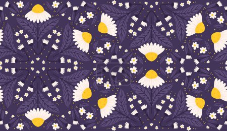 Illustration for Seamless design with daisy flowers in deep purple shades. Chamomile repeated surface pattern on a purple backdrop. - Royalty Free Image