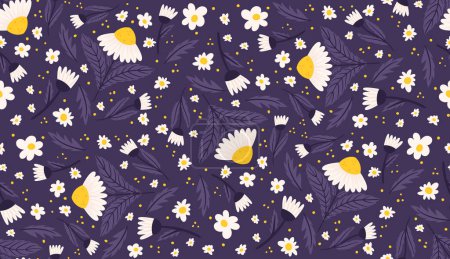 Illustration for Seamless layout displaying midnight violet-colored daisies. Chamomile recurring design against a purple background. - Royalty Free Image