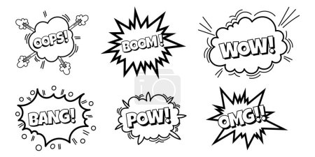 Colección de burbujas cómicas Pow. El diálogo sonoro habla burbujas con la palabra - Ups, WOW, Boom y otros. Expresión de arte pop en color blanco y negro.