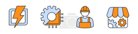 Illustration for Collection of icon on topic electrical engineering in white, blue and orange colors. Set including lightning, chip and gear, handyman, parts store. - Royalty Free Image