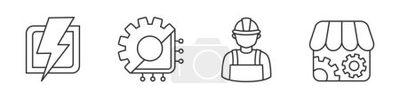 Illustration for Collection of icon on topic electrical engineering in black and white colors. Set including lightning, chip and gear, handyman, parts store. - Royalty Free Image