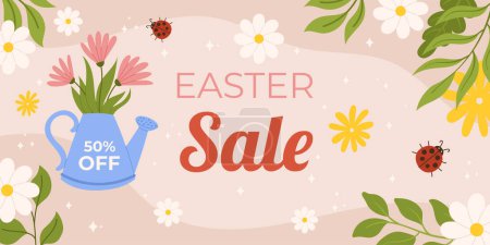 Easter sale horizontal background template for promotion. Design with watering cane as vase, flowers around and cute ladybug
