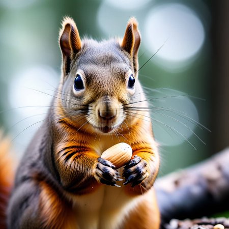 Nahaufnahme eines Europäischen Eichhörnchens, das eine Erdnuss frisst