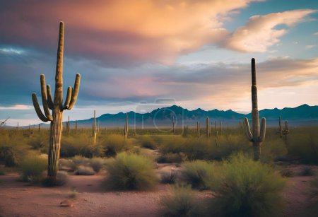 Coucher de soleil Saguaro : Paysage emblématique de l'Arizona peint au crépuscule