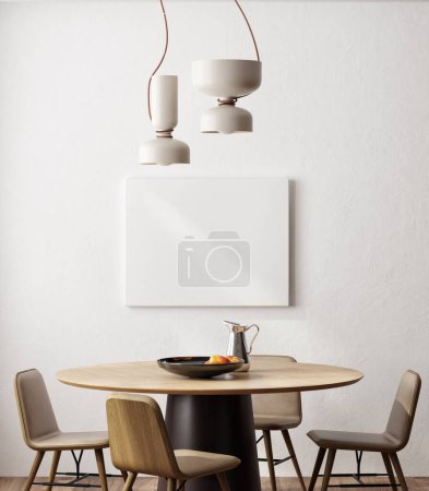 Téléchargez les photos : Espace intérieur de la salle à manger avec affiche maquette sur fond de mur blanc. Illustration 3d - en image libre de droit