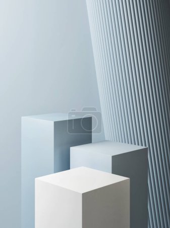 Téléchargez les photos : Espace podium premium pour la présentation des produits, composition géométrique de fond bleu, rendu 3D, illustration 3D. - en image libre de droit