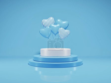 Foto de Mock up podium with heart love balloons, blue composition for product presentation, 3d render, 3d illustration. - Imagen libre de derechos
