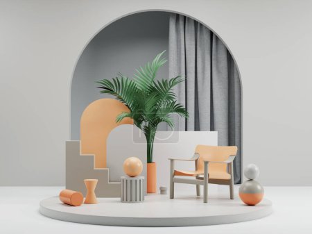 Photo for Podium with furniture, shapes, palms, curtain and geometry abstract composition, 3d illustration. - Royalty Free Image