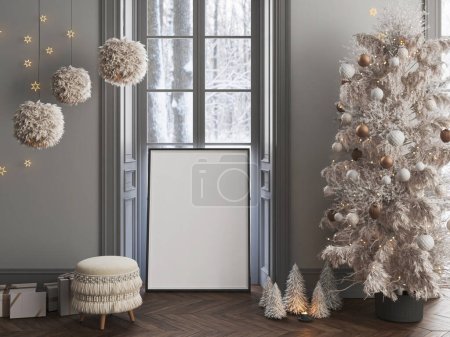 Téléchargez les photos : Affiche maquillée à Noël, intérieur Nouvel An avec fond mural gris, sapin décoré avec guirlandes et boules, illustration 3D - en image libre de droit