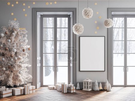 Téléchargez les photos : Affiche maquillée à Noël, intérieur Nouvel An avec fond mural gris, sapin décoré avec guirlandes et boules, illustration 3D - en image libre de droit
