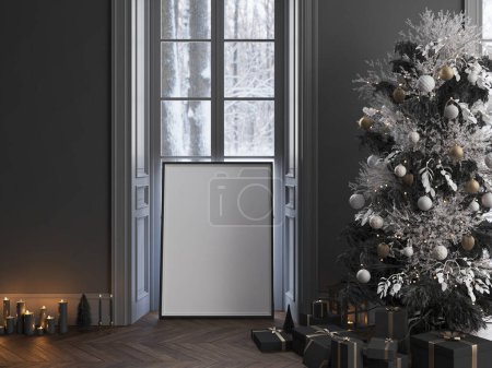 Téléchargez les photos : Affiche maquillée à Noël, intérieur Nouvel An avec fond mural gris foncé, sapin foncé décoré avec guirlandes et boules, illustration 3D - en image libre de droit