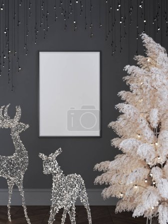 Téléchargez les photos : Affiche maquillée à Noël, intérieur Nouvel An avec fond mural gris blanc, sapin foncé décoré avec guirlandes et boules, illustration 3D - en image libre de droit