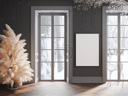 Téléchargez les photos : Affiche maquillée à Noël, intérieur Nouvel An avec fond mural gris blanc, sapin foncé décoré avec guirlandes et boules, illustration 3D - en image libre de droit