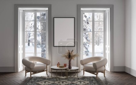 Foto de Cartel en blanco en estilo minimalista interior en fondo de invierno, dos sillones, mesa y decoración para el hogar, ilustración 3d - Imagen libre de derechos