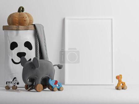 Foto de Decoración para niños y juguetes con cartel de primer plano sobre fondo blanco, ilustración 3d. - Imagen libre de derechos