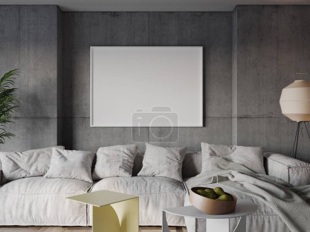 Foto de Cartel simulada en la sala de estar moderna, fondo de pared de hormigón gris, marco blanco, ilustración 3d. - Imagen libre de derechos