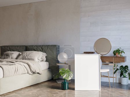 Foto de Cartel simulado en dormitorio, diseño de interiores, fondo verde y beige. - Imagen libre de derechos
