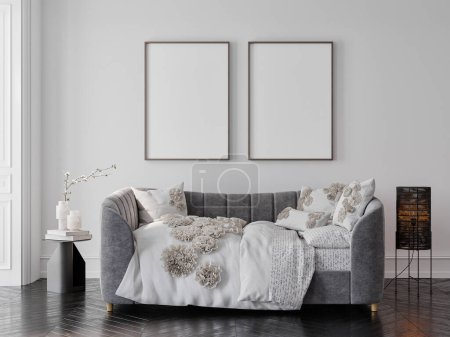 Foto de Interior de la sala de estar con sofá gris y decoración para el hogar 3d render ilustración fondo maqueta de carteles. - Imagen libre de derechos