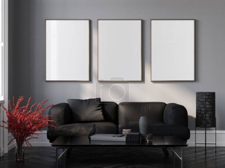 Foto de Interior de la sala de estar con marcos de maqueta para la presentación del producto. - Imagen libre de derechos