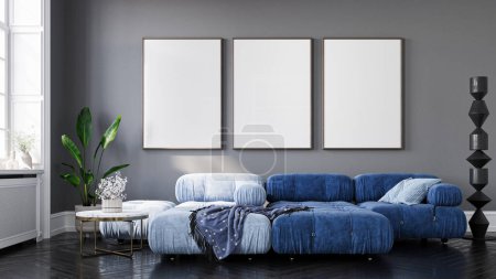 Photo for Cozy home interior with modern furniture on wall background, empty frames mockup in  decoration interior, 3d render - Royalty Free Image