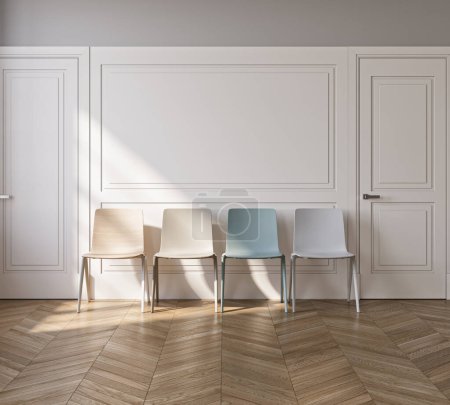 Téléchargez les photos : Intérieur minimaliste avec rangée de chaises, illustration 3D. - en image libre de droit