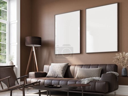 Photo for Living room interior  with three big white empty frames, 3d illustration. - Royalty Free Image