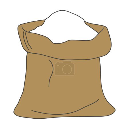 Téléchargez les illustrations : Simple drawing of an open brown bag with flour and sugar on a white background. - en licence libre de droit