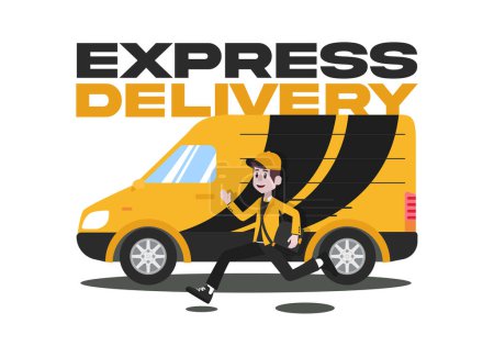 Illustration for Express Delivery Van With Postman Running with Bag. Vector Design - Royalty Free Image