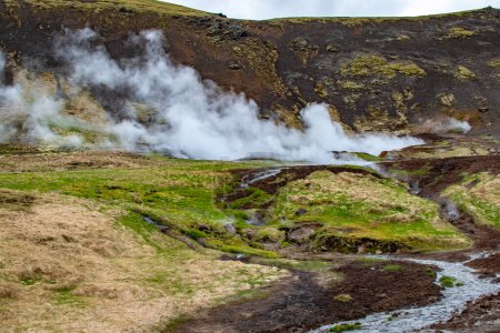Esta cautivadora imagen ilustra la belleza etérea de los respiraderos humeantes y la actividad volcánica que caracterizan la región montañosa que rodea el río termal Reykjadalur en