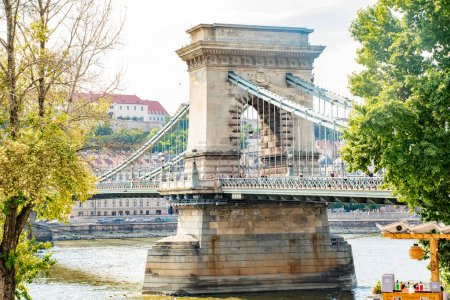 Esta fotografía ofrece una vista lejana del puente de la cadena de Szechenyi en Budapest, Hungría, capturando la grandeza y la envergadura completa de este hito icónico contra el pintoresco horizonte de la ciudad. La imagen
